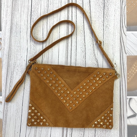 IBIZA Rockstar Suede Crossbody Bag Tan Gold Studs - Picture 1 of 7